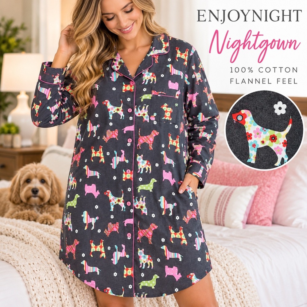 Enjoynight Nightshirt Womens Small Gray Dog Print Cotton Flannel Button Front